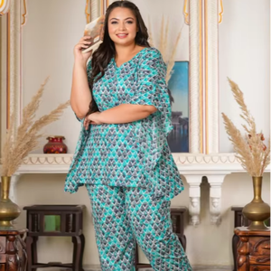 ชุดนอนผ้าฝ้ายพิมพ์ลายเรขาคณิตสำหรับผู้หญิง ขายส่ง แขนกิโมโน คอวี ใส่สบาย ทรงหลวม หลายสี - Product Image 1