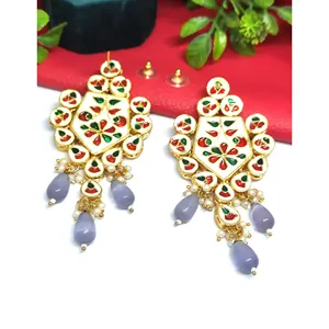 Pendientes de Mujer Chapados en Oro con Piedra Monalisa Gris y Meenakari Kundan, Joyería de Moda - Product Image 2