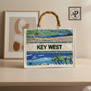 Sacs fourre-tout à thème d'été perlé motifs de plage de feuille de palmier nom personnalisé fermeture ouverte sacs fourre-tout en toile femme moyenne/grande capacité - Product Image 3