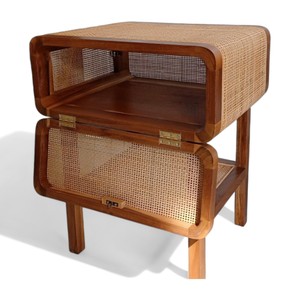 Table de chevet moderne en rotin et bois de teck avec rangement et étagère Table de chevet en rotin de luxe pour la maison, hôtel, appartement, meubles de chambre à coucher - Product Image 2