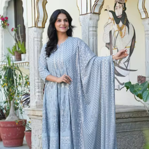 Polyester géométrique imprimé Anarkali Kurta avec Dupatta mollet longueur 3/4ème manches col cranté fabricant direct de femmes Kurti - Product Image 1