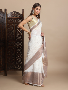 Sari de Seda Maheshwari Blanco Hecho a Mano con Bordado Chikankari Mukaish, Ropa Tradicional India y Pakistaní para Fiestas, Secado Rápido - Product Image 2