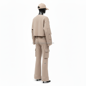 Chándal Premium para Mujer, Felpa de Algodón Cepillado, 280 GSM, Beige, Panel de Costura en Contraste, Logotipo Bordado, Tallas Grandes - Product Image 5