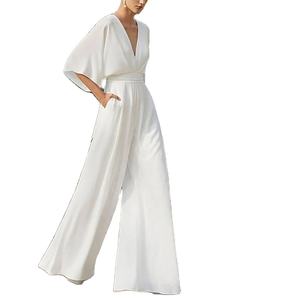 จั๊มสูทผู้หญิงคอวีแขนครึ่งแขนหรูหรา, จั๊มสูทแฟชั่นเอวขากว้างยาวพิเศษจั๊มสูทลำลองมีกระเป๋าทรงหลวม - Product Image 3