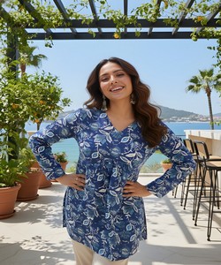 Kurti moderne en rayonne imprimée et mélange de coton pour femme, tenue ethnique quotidienne, bleu - Product Image 6