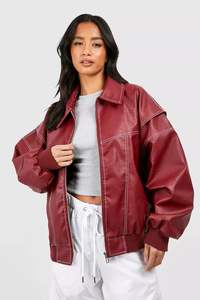 Chaqueta de cuero de gran tamaño para mujer Vintage Zip Up Bomber motocicleta Faux Leather Jacket Coat prendas de vestir exteriores - Product Image 2