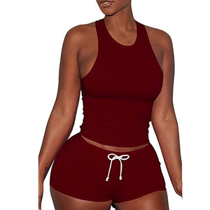 Conjunto de top corto sin mangas y pantalones cortos para mujer, ropa deportiva con logotipo personalizado, conjunto de dos piezas para gimnasio, correr, verano. - Product Image 5