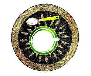 Polyester & Beaded Placemat With <b>Round</b> <b>Black</b> Dot Golden Embroidery Pattern Best for Bed <b>Side</b> <b>Table</b> Center Wedding Parties - Product Image 4