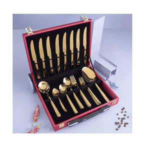 ชุดช้อนส้อมทองคำ 24 ชิ้น ทำจากสแตนเลสสตีลลายตอก พร้อมกล่องหนังลายหนังจระเข้ สำหรับงานแต่งงานและงานเลี้ยง - Product Image 2