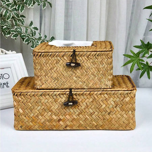 Boîte en jonc de mer avec couvercle pour le stockage des tissus boîtes de paille faites à la main de style simple pour contenir du papier et des serviettes avec logo personnalisé - Product Image 1