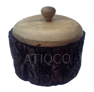 Hot Selling High Quality Smart <b>Wooden</b> <b>Box</b> Natural Bark Mango Wood With <b>Lid</b> Round Shape Lacquered Ethnic Design | Vintage Look - Product Image 1