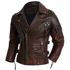 แจ็กเก็ตหนังแท้กระดุมสองแถวสำหรับผู้ชายสไตล์ใหม่พร้อมปกซิปเสื้อโค้ทหนังแท้สีดำแดงน้ำตาล - Product Image 6