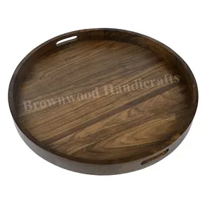 Wholesale Supplier Best Quality Burnt Wooden Round Serving Trays with Handles Large Wooden Tray for Serving Low Price Wood Tray