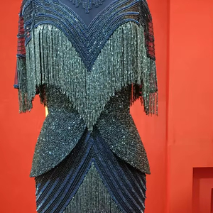 Robe de soirée élégante sans manches, col en V, perles à la main, paillettes noires, manches longues, tenue de fête, élégante, collection - Product Image 1