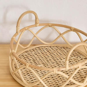 Plateau de service en rotin naturel tressé à la main, style panier, avec rebord haut, organisateur décoratif pour l'espace de vie - Product Image 3