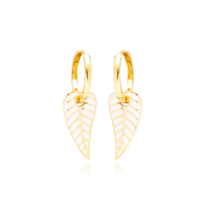 Pendientes de diseño de hoja de esmalte blanco, Pendientes colgantes turcos hechos a mano, venta al por mayor, joyería de plata de ley 925 - Product Image 1