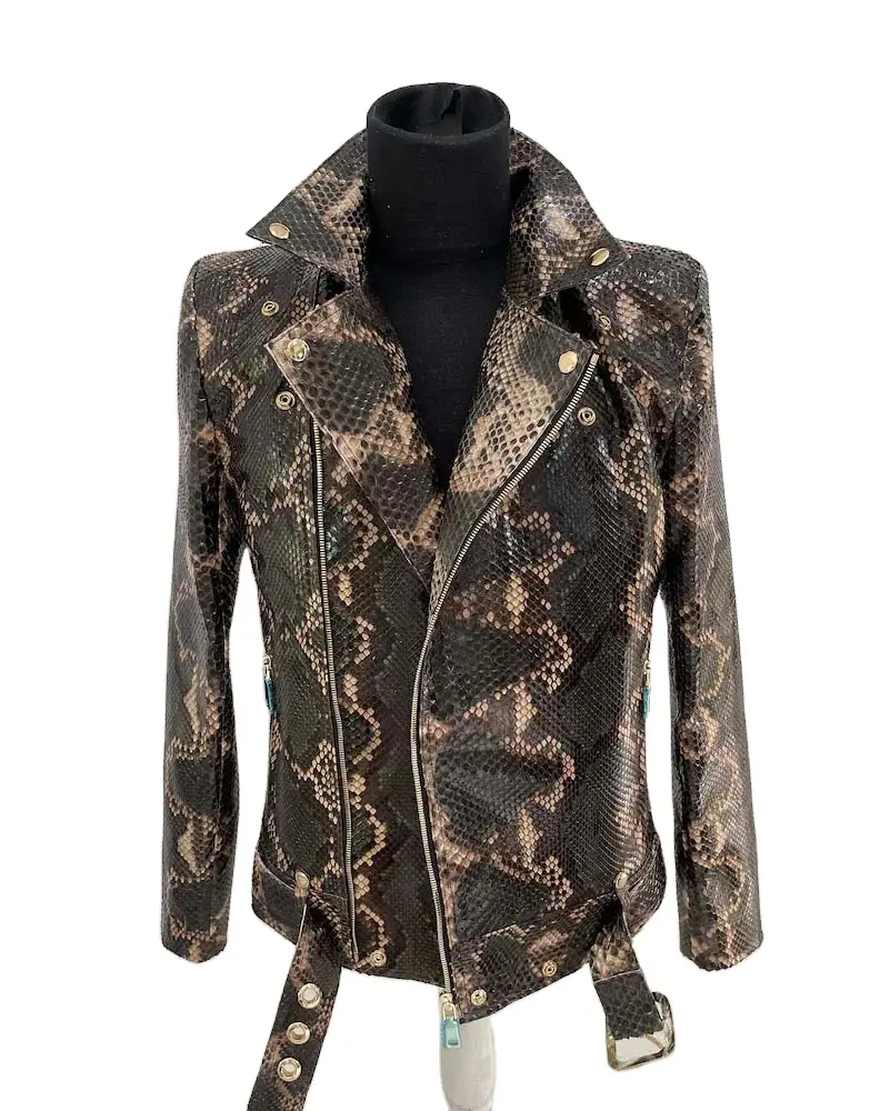 Veste de motard en peau de serpent marron personnalisée pour femmes Veste en cuir de python à moteur