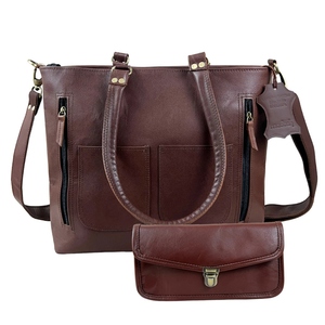 Ensemble sac à bandoulière et portefeuille en cuir de vachette pour femme, sac à bandoulière en cuir véritable, élégant, léger, à rayures - Product Image 1