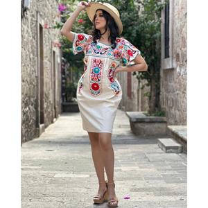 Vestido Maxi de Algodón con Bordado Floral Azul para Mujer, Manga Corta Abullonada, Estilo Étnico Casual de Verano, Estilo Bohemio, Cintura Natural, Lavable - Product Image 2