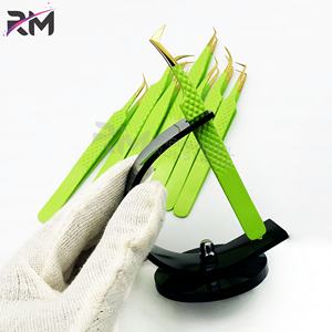 Pinzas de extensión de pestañas de volumen de la mejor calidad RMI, pinzas de pestañas de acero inoxidable de Color recubierto de polvo verde con punta dorada - Product Image 4