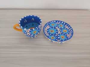 DOUBLE HAND-PAINTED HANDMADE CLASSIC CERAMIC TURKISH HOME COFFEE MUG SET TRAY FRUIT PATTERN PARTY DISHWASHER SAFE DAFNI <b>BIG</b> - Product Image 1