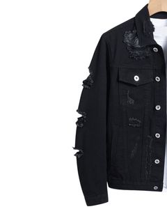 Veste en jean déchirée noire pour homme, délavée, boutonnée, décontractée, streetwear, veste de camionneur en jean pour homme - Product Image 2
