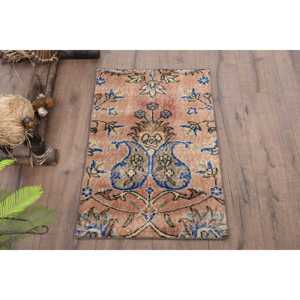 Turkish 1.7x2.7 ft Rug, Vintage Rug, <b>Brown</b> Check Rug <b>Wool</b> - Product Image 1