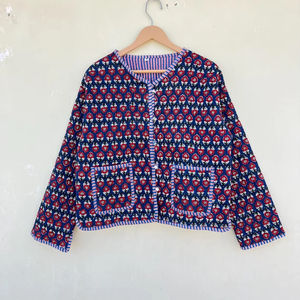 แจ็กเก็ตพิมพ์ลายบล็อกผ้าฝ้ายทำด้วยมือสไตล์อินเดียสำหรับผู้หญิงคอวีสไตล์โบฮีเมียนระบายอากาศได้ยาวสำหรับฤดูใบไม้ร่วง - Product Image 1