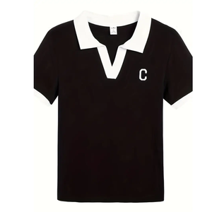 Nuevas camisetas ajustadas de manga corta con cuello liso para mujer, camisetas informales de algodón de manga al por mayor, varios colores, decoración de logotipo personalizado - Product Image 5