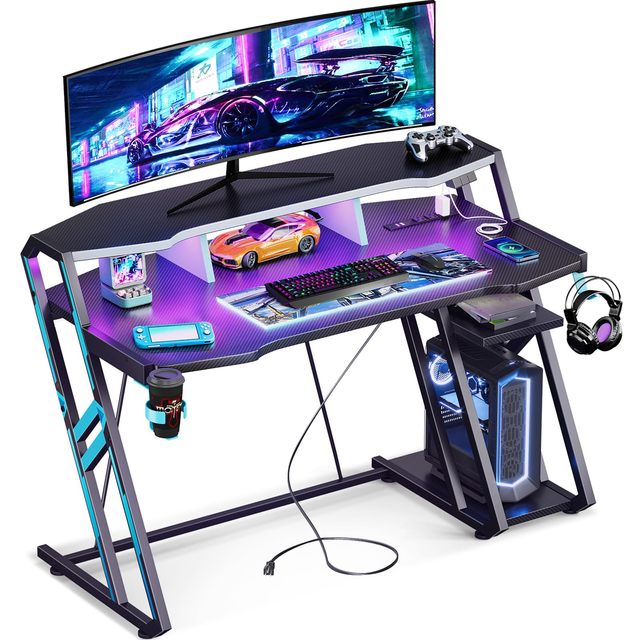 Game Computer Table Built-in Power Socket LED Light Storage Rack Carbon Fiber Texture Easy Installation Manufacturers Wholesale