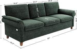 Moderno sofá de chenilla verde de 3 plazas, cómodos asientos extra profundos con puerto USB, juego de madera para sala de estar, apartamento, salón - Product Image 6