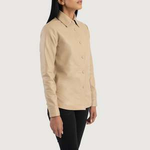 Zenith <b>Lightweight</b> Beige Leather Bomber <b>Jacket</b> for Ladies Satin Fabric Linen Lining for Autumn Spring Season Customizable Logo - Product Image 2