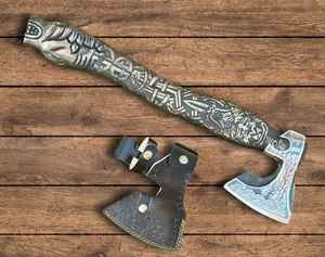Hache Viking haut de gamme en acier à haute teneur en carbone forgé à la main avec gravure manuelle, pour l'extérieur, avec fourreau en cuir fin - Product Image 1