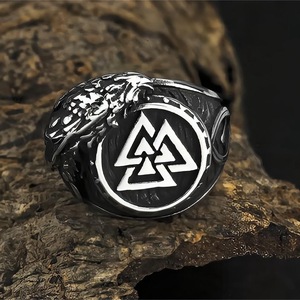 yunnique Viking-inspired Men's <b>Titanium</b> Steel <b>Ring</b> with Raven Edge & Triangle Logo Design - Product Image 1