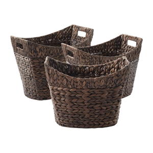 Ensemble de 3 paniers de rangement multi-usages en jacinthe d'eau foncée, écologiques, de haute qualité, tressés rustiques avec poignées, pour chambre et salon - Product Image 1