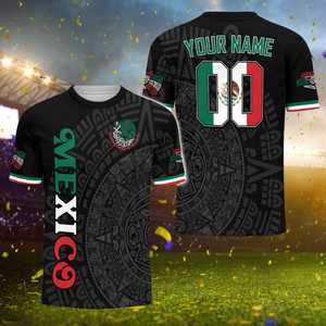 Maglia da Calcio Personalizzata del Messico con Design del Calendario Azteco Nero e Bandiera Tricolore - Product Image 1