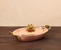 Peralatan masak Ruffoni bahan tembaga bentuk Oval, perlengkapan masak Casserole, penghangat makanan dapur dengan bunga berlapis emas, perlengkapan tutup atas desainer