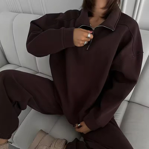 Ensembles de vêtements pour femmes automne-hiver, sweat-shirt à col montant et fermeture éclair + pantalon, deux pièces, ensembles chauds de couleur unie - Product Image 5