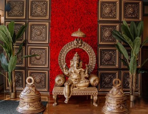 ธีมพระพิฆเนศเวทีแต่งงานของฮินดูสำหรับจัดงานแต่งงานแบบดั้งเดิมของชาวอินเดียใต้การตกแต่งเวทีการแต่งงานเอเชียการตั้งค่าไฟเบอร์สหรัฐอเมริกา - Product Image 2