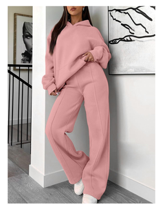 Tenues 2 pièces automne 2024 pour femmes sweat à capuche surdimensionné et pantalons de survêtement à jambes larges avec décoration de bouton haut long pour ensemble de salon - Product Image 1