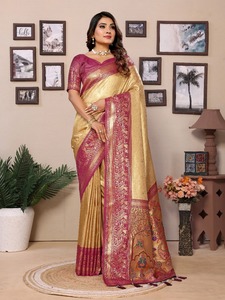 Sarees de Seda Banarasi Pura de Primera Calidad con Tejido Completo y Diseño Clásico de Pallu, Estilo Festivo - Product Image 5