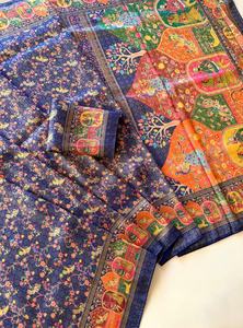 ผ้าซิลค์เนื้อนุ่มสำหรับผู้หญิง พร้อมลายจาการ์ททั่วผืน และลายพิมพ์พัชมีนา แต่งขอบด้วยดอริ ผลิตในอินเดีย - Product Image 2