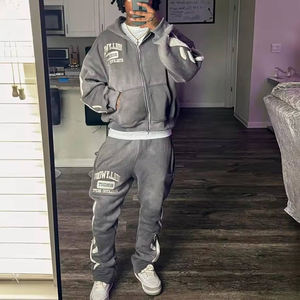 ชุดวอร์มมีซิปและกางเกงวอร์มแนวสตรีทแวร์วินเทจผ้าปะปักลายด้วยแสงแดดซีดจาง - Product Image 6