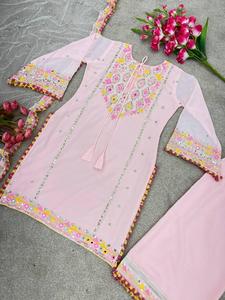 Georgette de imitación pesada con trabajo de secuencia de bordado pesado con espejo Real Trabajo hecho a mano con pompón Menos borde con manga completa - Product Image 4