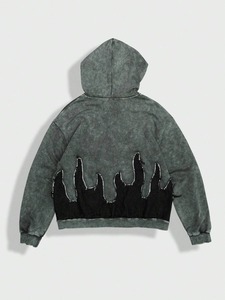 Sudadera con capucha vintage con cremallera lavada y detalle de puntada de llama negra, Sudadera con capucha desgastada en blanco de Terry francés de algodón para hombre, chaqueta con - Product Image 3