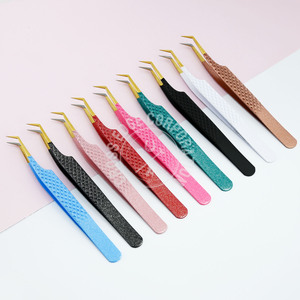 Professional Fiber Tip Eyelash Extension Tweezers Black/Blue <b>Glitter</b> Finish 45 Mega Volume Nonslip Lash Tool Russian Style - Product Image 1