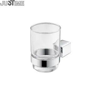 JUSTIME Mark Stylish Wall-Mounted Brass Bathroom Accessories Toothbrush Holder With Clear Glass Cup