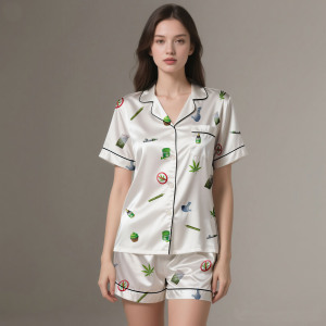 Premium Digital Printed <b>Silk</b> Satin Pajamas Lightweight & Breathable Spring/Autumn Customizable Summer Set - Product Image 1