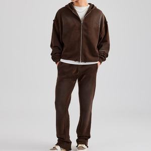 High Quality Winter Hooded Casual Acid Wash Zipper Tracksuit with <b>Rhinestone</b> Unisex Regular Fit Breathable 100% Cotton - Product Image 1