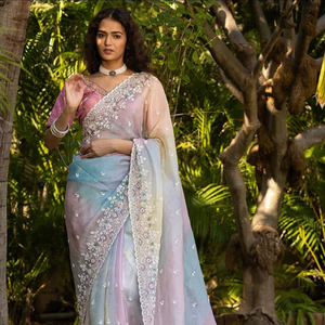 Sari de Seda de Organza Suave de Primera Calidad, Diseño Clásico con Bordado de Lentejuelas Plateadas para Fiestas, Bodas, Festivales y Eventos Casuales - Product Image 1